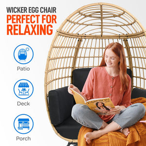 Wicker Rattan Sofa Chair - Indoor/Outdoor Egg Chair For Patio Backyard And Living Room With 4 Cushions And Steel Frame (Black)