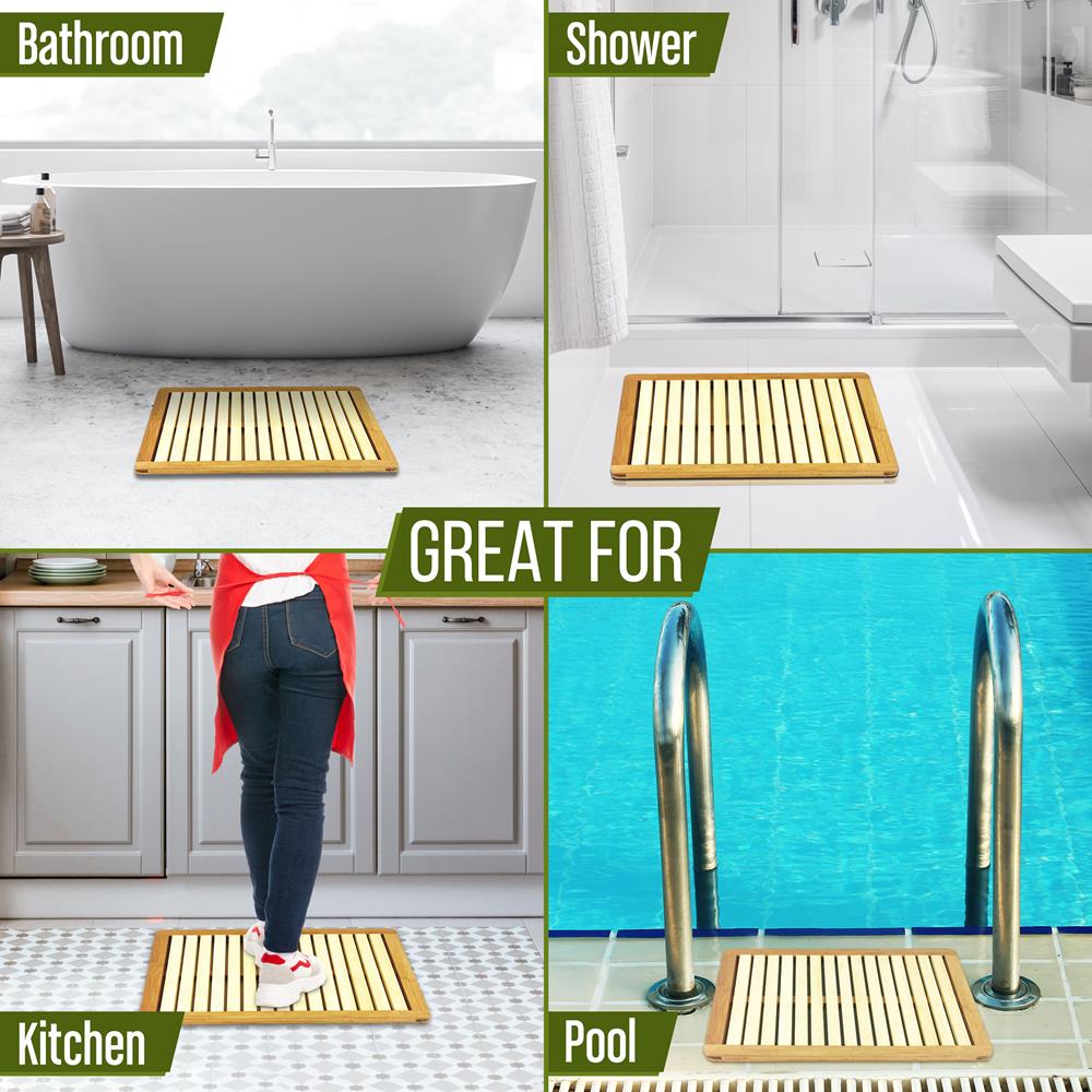 Serenelife Bamboo Bath Mat - Heavy Duty Natural Wood Bathroom Or Shower Foot Floor Rug With Elevated Design For Water Evaporation And Non Slip Rubber For Indoor & Outdoor Use - Slfbmt10