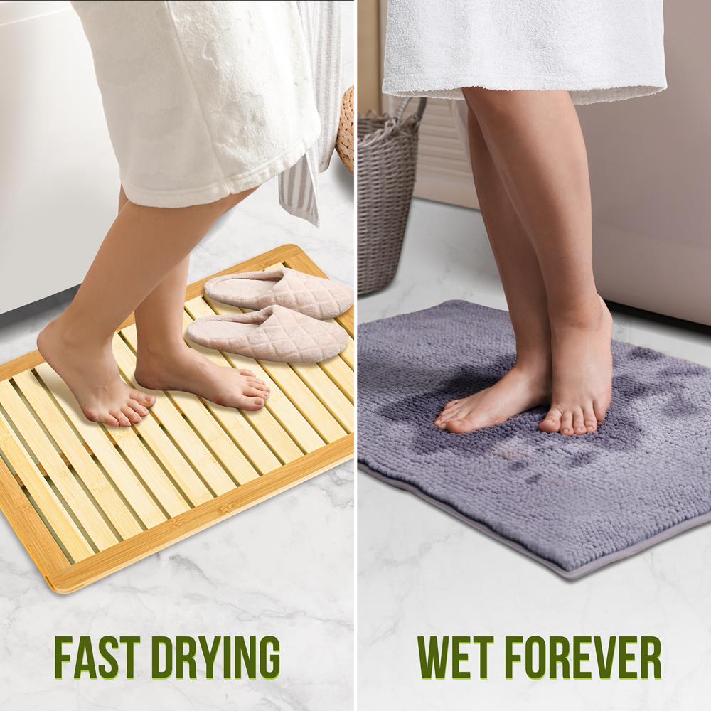 Serenelife Bamboo Bath Mat - Heavy Duty Natural Wood Bathroom Or Shower Foot Floor Rug With Elevated Design For Water Evaporation And Non Slip Rubber For Indoor & Outdoor Use - Slfbmt10