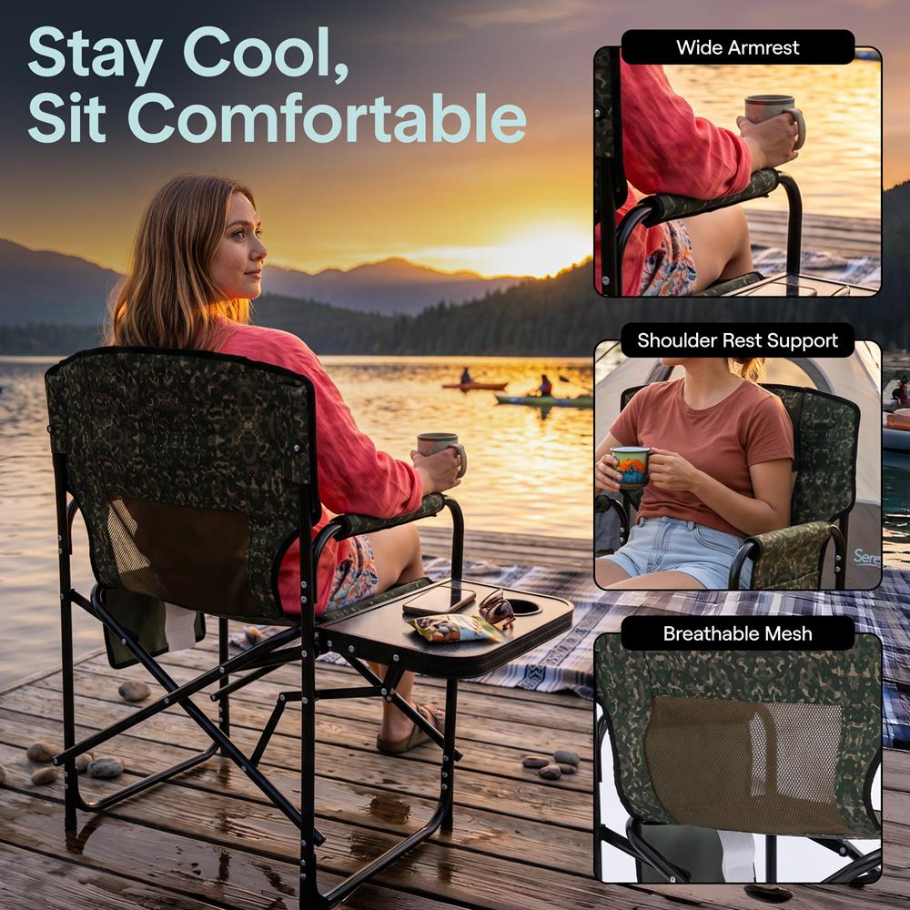 Serenelife Portable Foldable Director Chair With Side Table, Cup Holder & Carry Bag For Outdoor Use  (Green Camouflage)