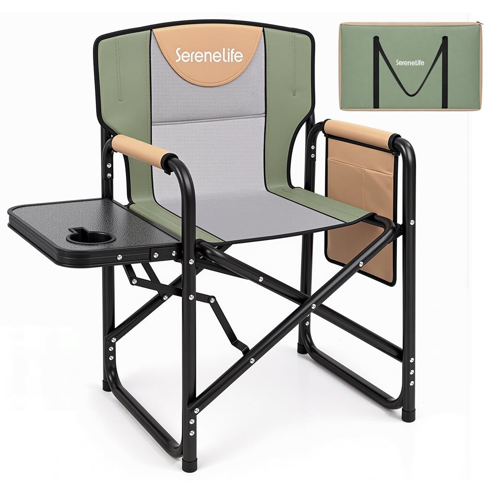 Serenelife Portable Foldable Director Chair With Side Table, Cup Holder & Carry Bag For Outdoor Use  (Green)