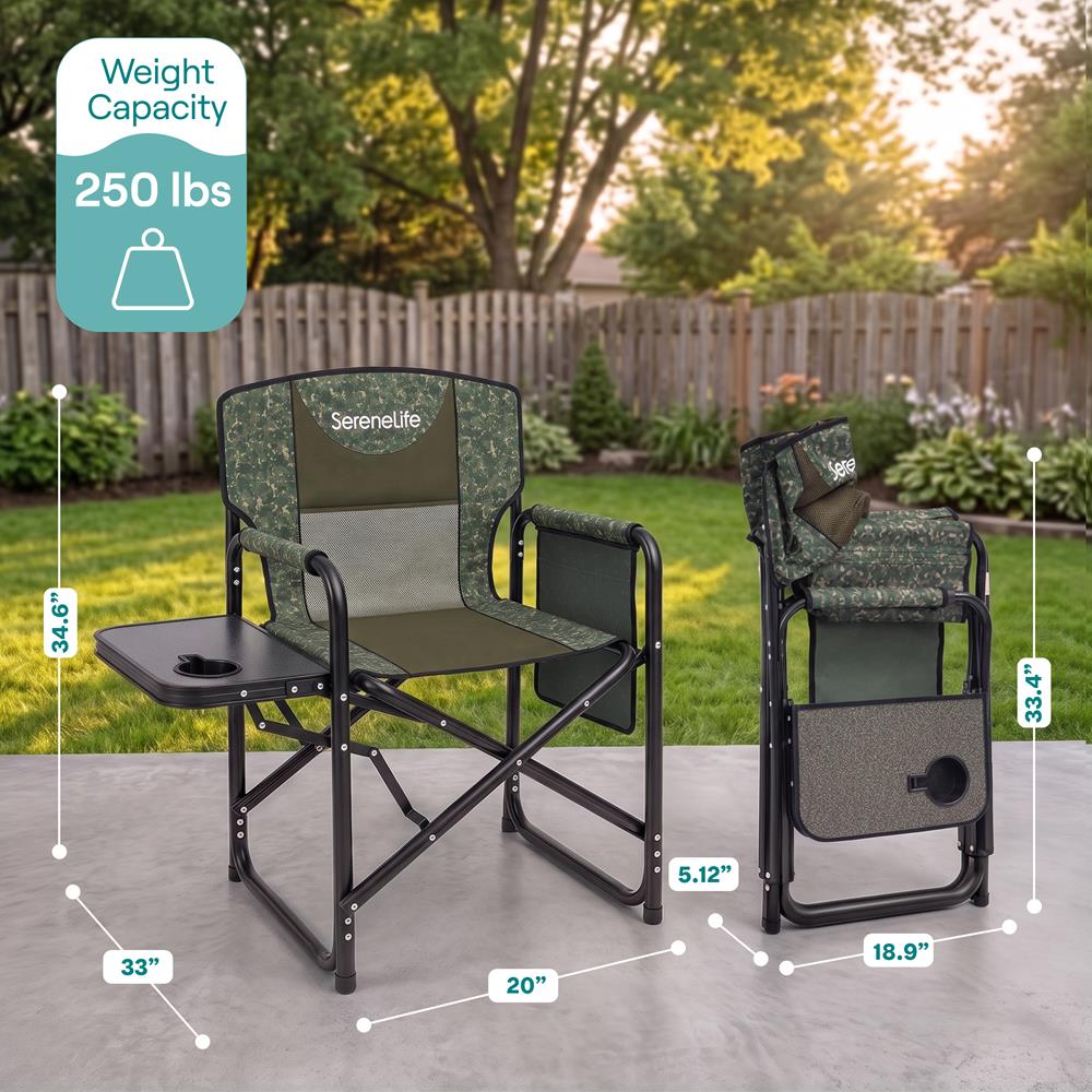 Serenelife Portable Foldable Director Chair With Side Table, Cup Holder & Carry Bag For Outdoor Use  (Green)