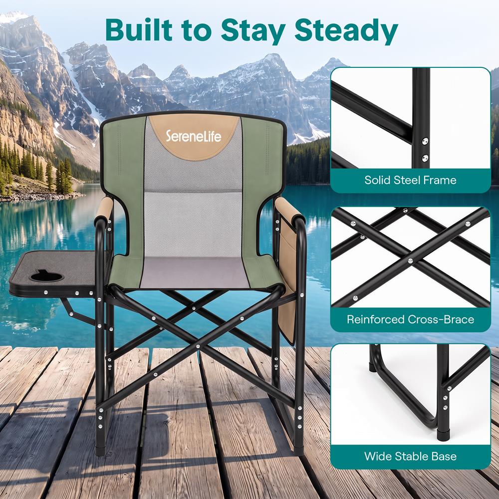 Serenelife Portable Foldable Director Chair With Side Table, Cup Holder & Carry Bag For Outdoor Use  (Green)