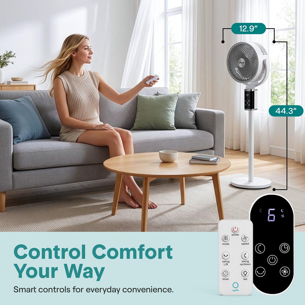 Serenelife Omni-Directional Fan With 90° Vertical And 60° Horizontal Auto Oscillation, 6 Speeds, 12-Hour Timer, And Ambient Light – Quiet 45W Fan For Home & Office (White)