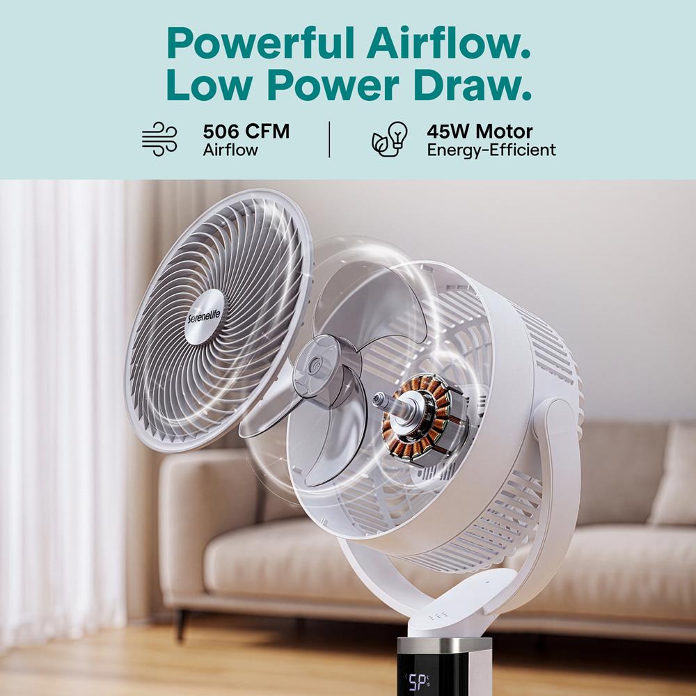 Serenelife Omni-Directional Fan With 90° Vertical And 60° Horizontal Auto Oscillation, 6 Speeds, 12-Hour Timer, And Ambient Light – Quiet 45W Fan For Home & Office (White)