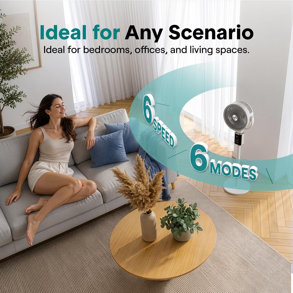 Serenelife Omni-Directional Fan With 90° Vertical And 60° Horizontal Auto Oscillation, 6 Speeds, 12-Hour Timer, And Ambient Light – Quiet 45W Fan For Home & Office (White)