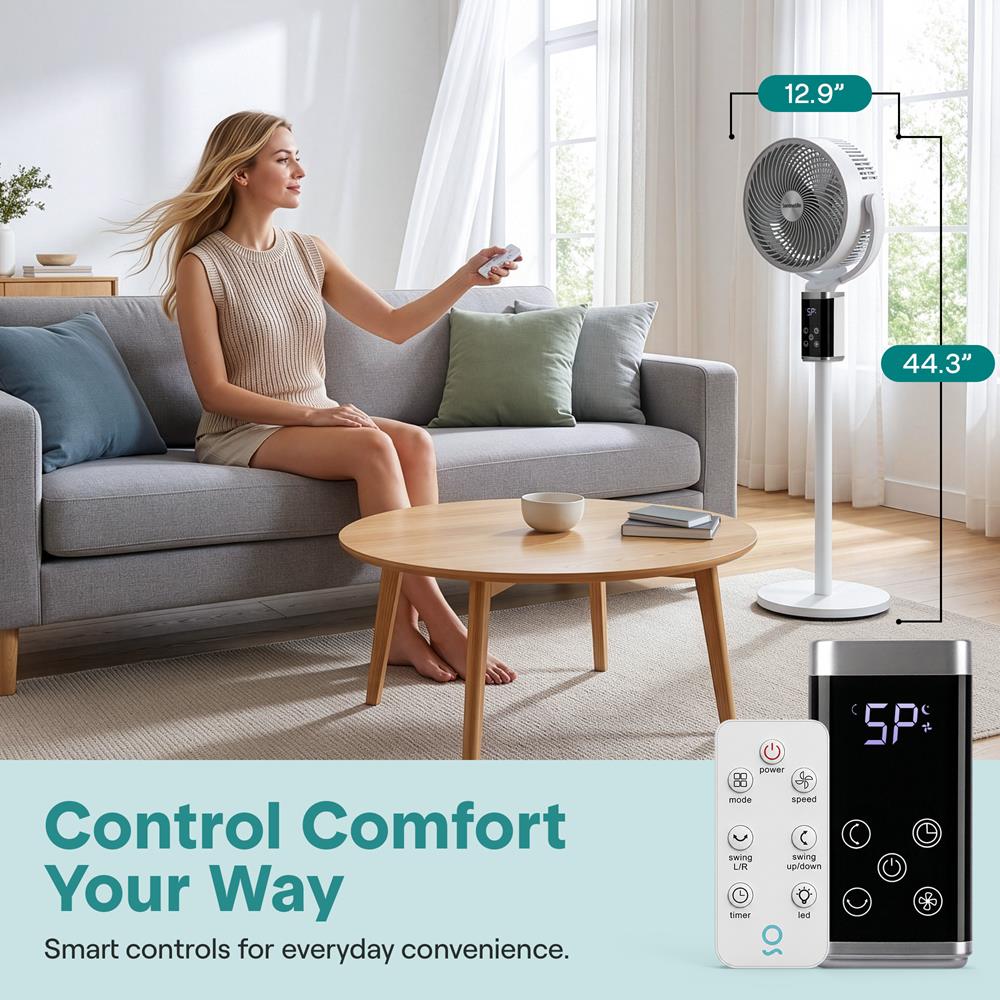 Serenelife Omni-Directional Fan With 90° Vertical And 60° Horizontal Auto Oscillation, 6 Speeds, 12-Hour Timer, And Ambient Light – Quiet 45W Fan For Home & Office (White)