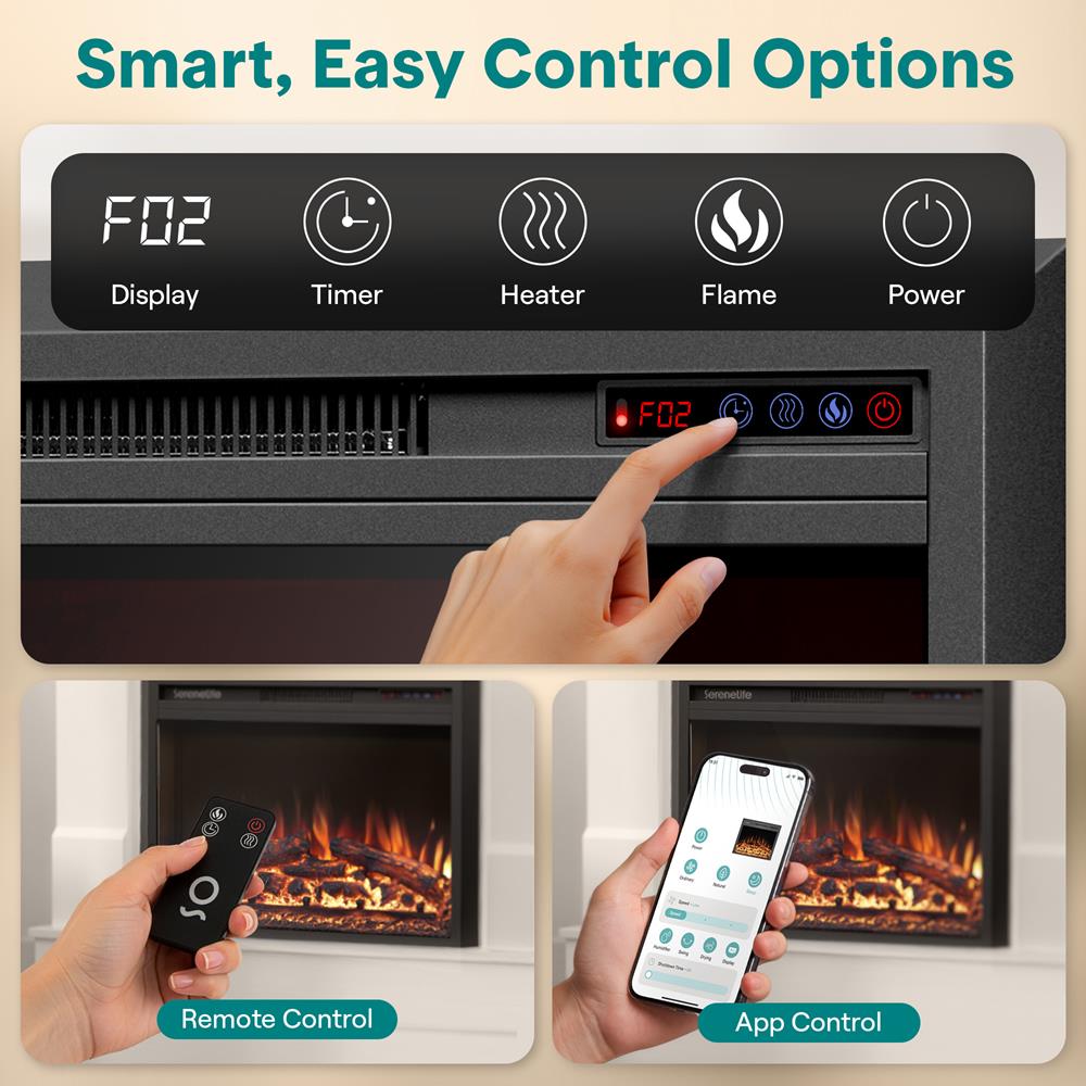 Serenelife Wall-Mounted Fireplace Heater With Decorative Led Flame, Smart Wi-Fi Via Tuya App, Push Button Panel And Remote (Black)