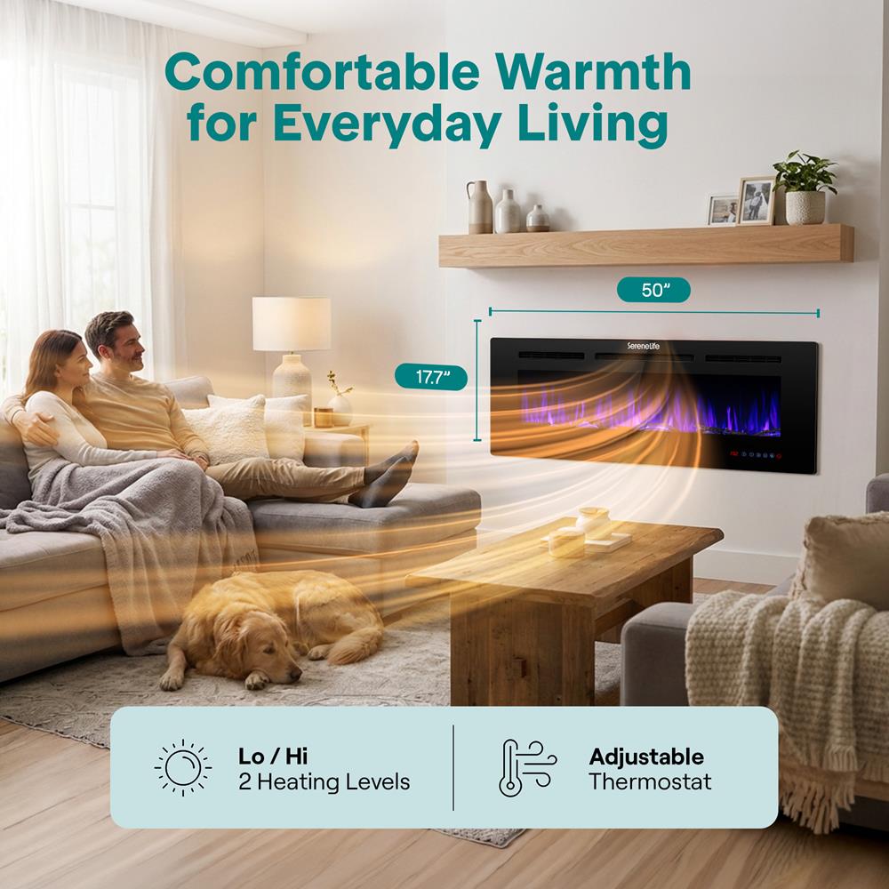 Serenelife Built-In Wall-Mounted Fireplace Heater With Decorative Led Flame, Smart Wi-Fi (Tuya App), Push-Button Panel, And Remote Control (Black)