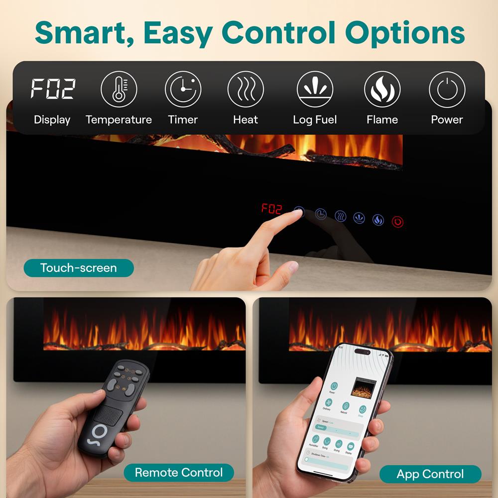 Serenelife Built-In Wall-Mounted Fireplace Heater With Decorative Led Flame, Smart Wi-Fi (Tuya App), Push-Button Panel, And Remote Control (Black)