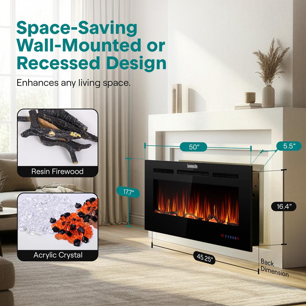 Serenelife Built-In Wall-Mounted Fireplace Heater With Decorative Led Flame, Smart Wi-Fi (Tuya App), Push-Button Panel, And Remote Control (Black)