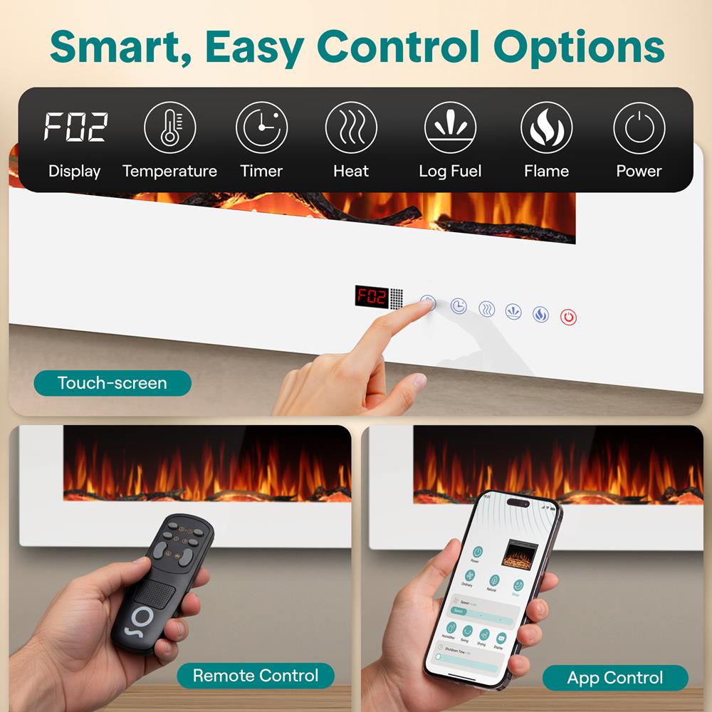 Serenelife Built-In Wall-Mounted Fireplace Heater With Decorative Led Flame, Smart Wi-Fi (Tuya App), Push-Button Panel, And Remote Control (White)