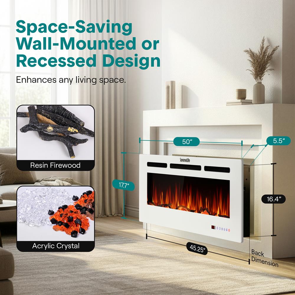 Serenelife Built-In Wall-Mounted Fireplace Heater With Decorative Led Flame, Smart Wi-Fi (Tuya App), Push-Button Panel, And Remote Control (White)