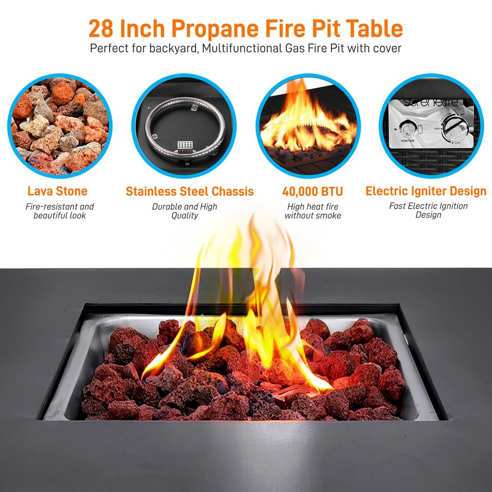 Propane Gas Fire Pit Table - 28 Inches 40,000 Btu Square Gas Firepits With Cover For Outside