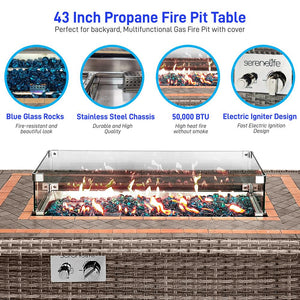 Outdoor Propane Gas Fire Pit Table - 50,000 Btu Rectangle Wicker Gas Firepit With Tile Tabletop And Glass Wind Guard, Glass Stone