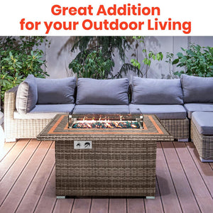 Outdoor Propane Gas Fire Pit Table - 50,000 Btu Rectangle Wicker Gas Firepit With Tile Tabletop And Glass Wind Guard, Glass Stone