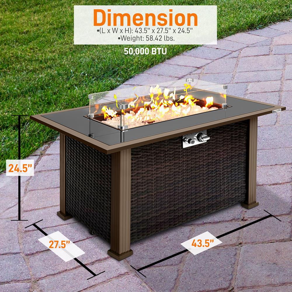 Outdoor Propane Gas Fire Pit Table - 50,000 Btu Auto-Ignition Gas Firepit With Glass Wind Guard, Black Tempered Glass Tabletop & Clear Glass Rock