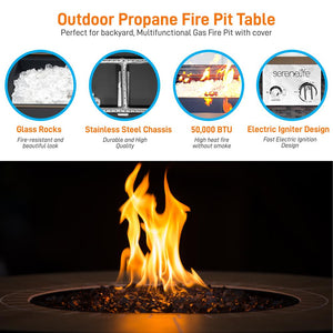 Outdoor Propane Gas Fire Pit Table - 50,000 Btu Auto-Ignition Gas Firepit With Glass Wind Guard, Black Tempered Glass Tabletop & Clear Glass Rock