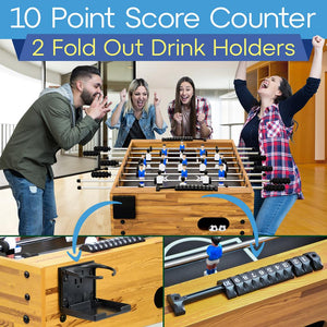 48'' Competition Sized Foosball Table - Arcade Table Soccer For Home & Game Room With 2 Balls And 2 Cup Holders (Natural Color And Black Surface)