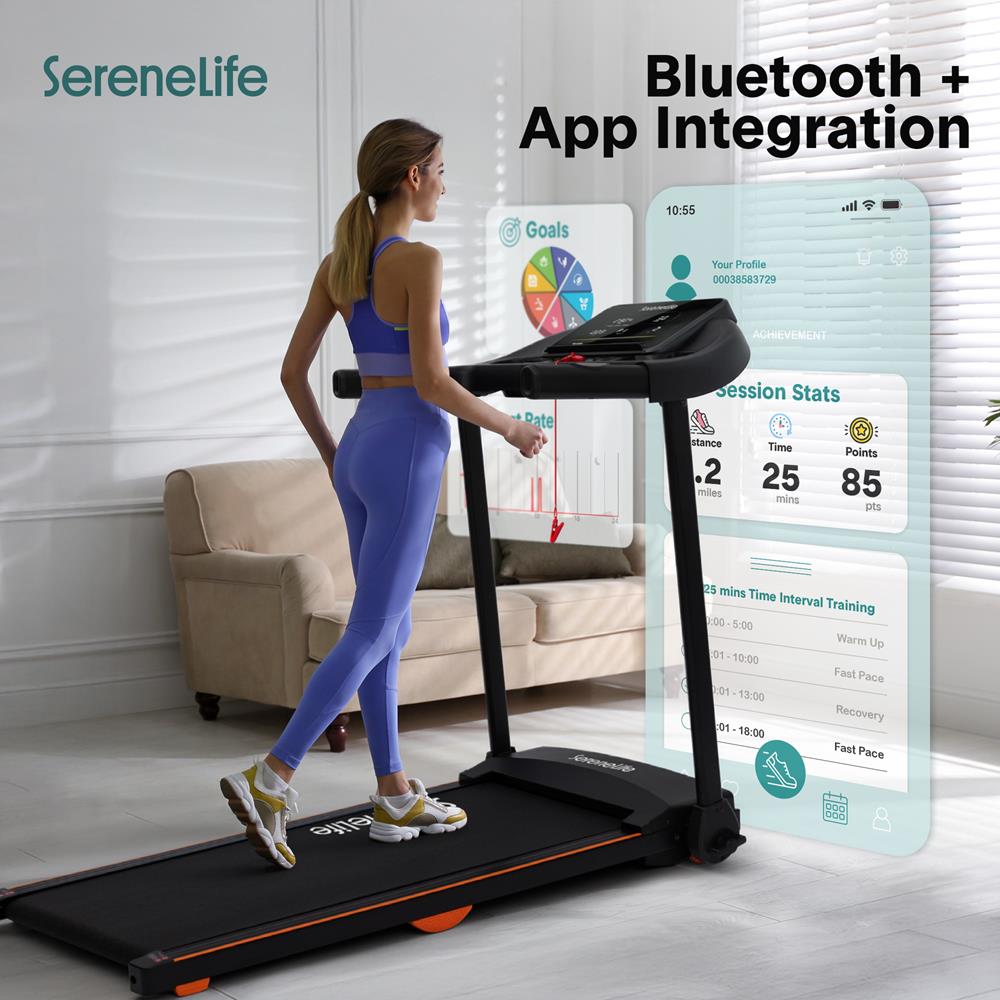 Serenelife Foldable Smart Digital Treadmill With 5 Led Display Windows, Bluetooth Music Connectivity, Advanced App Integration, High-Performance Cushioning System, And 2-Level Manual Incline For Optimal Workouts - Powered By 2.5Hp Motor