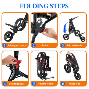 Foldable 3-Wheel Golf Push Cart - New Deluxe Scorecard Holder, Upper & Lower Brackets With Elastic Strap