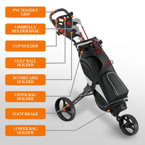 Foldable 3-Wheel Golf Push Cart - New Deluxe Scorecard Holder, Upper & Lower Brackets With Elastic Strap