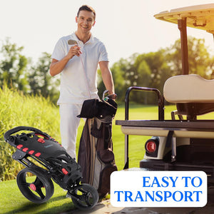 Foldable 3-Wheel Golf Push Cart - New Deluxe Scorecard Holder, Upper & Lower Brackets With Elastic Strap