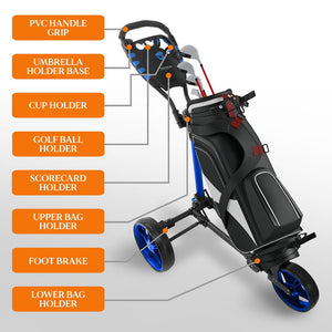 Golf Flat Fold 3 Wheel Golf Cart - New Deluxe Scorecard Holder, Upper & Lower Brackets With Elastic Strap, Includes Umbrella Holder, Without Carrying Bag