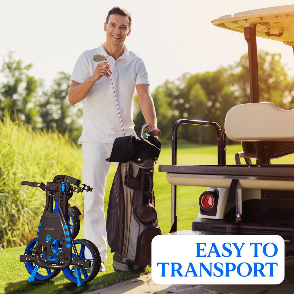 Golf Flat Fold 3 Wheel Golf Cart - New Deluxe Scorecard Holder, Upper & Lower Brackets With Elastic Strap, Includes Umbrella Holder, Without Carrying Bag