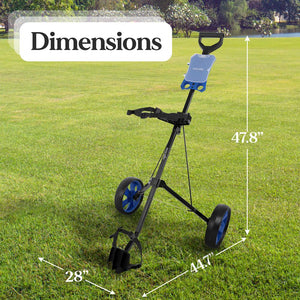 Foldable 2-Wheel Golf Push Cart - Steel Pull Cart, Upper & Lower Brackets With Strap, Without Umbrella Holder