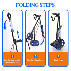 Foldable 2-Wheel Golf Push Cart - Steel Pull Cart, Upper & Lower Brackets With Strap, Without Umbrella Holder