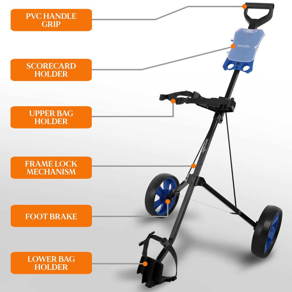 Foldable 2-Wheel Golf Push Cart - Steel Pull Cart, Upper & Lower Brackets With Strap, Without Umbrella Holder