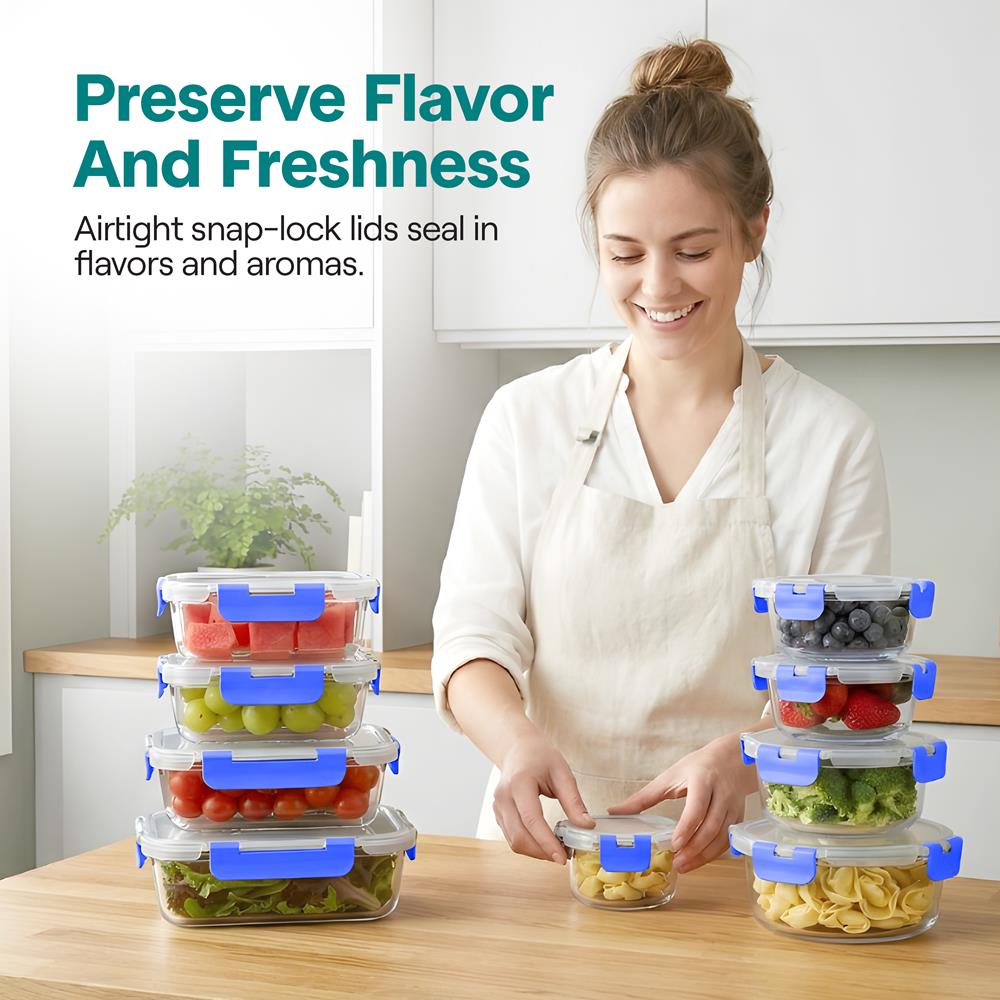 24-Piece Glass Storage Set, Leak-Proof, High Borosilicate, Blue