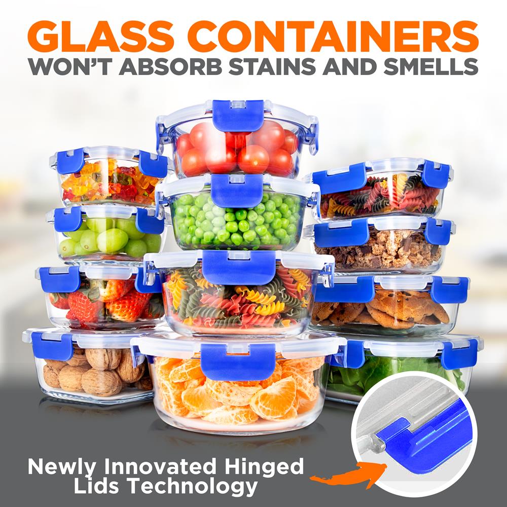 24-Piece Superior Glass Food Storage Containers Set - Stackable Design With Newly Innovated Hinged Bpa-Free Locking Lids (Blue)