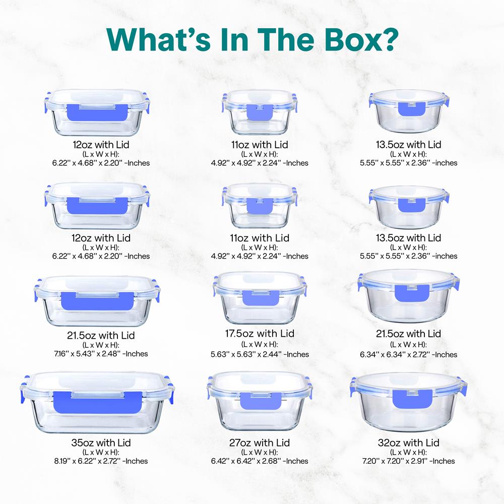 24-Piece Glass Storage Set, Leak-Proof, High Borosilicate, Blue