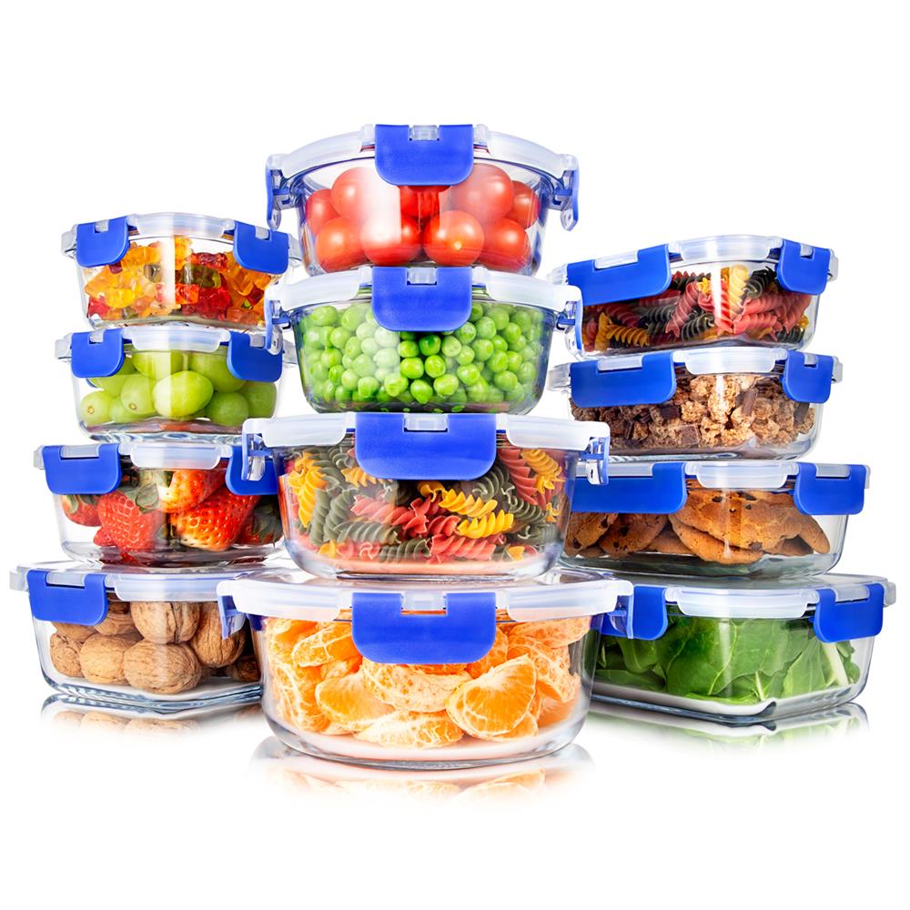 24-Piece Superior Glass Food Storage Containers Set - Stackable Design With Newly Innovated Hinged Bpa-Free Locking Lids (Blue)