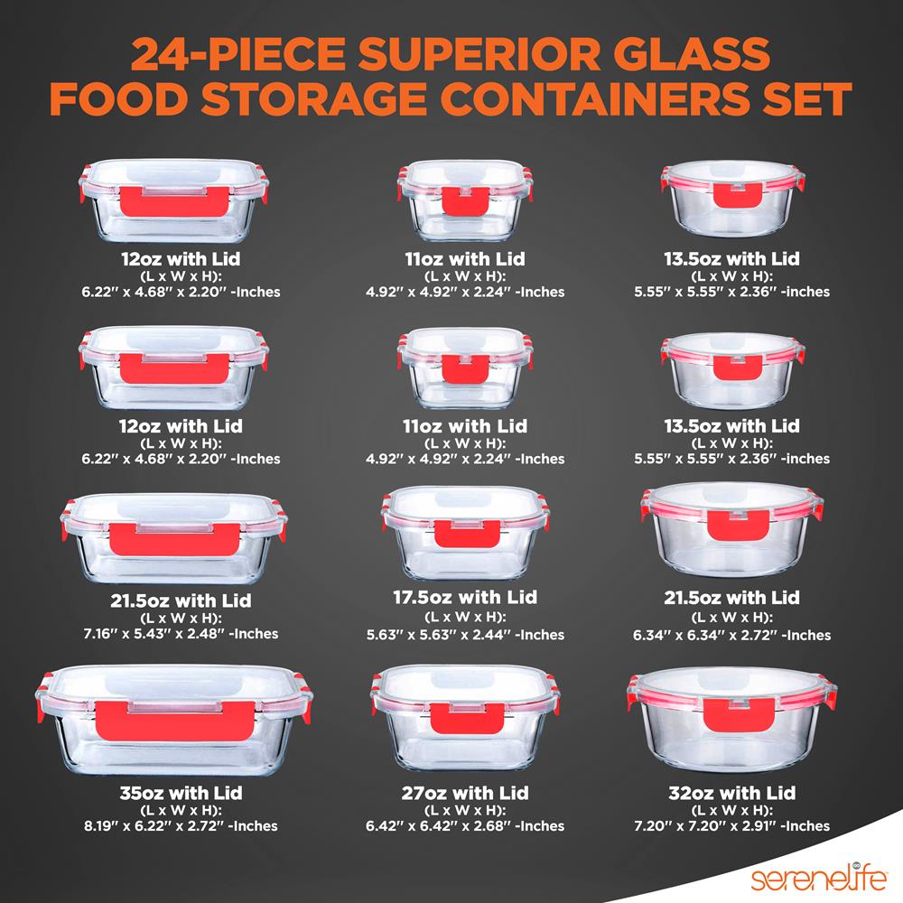 24-Piece Superior Glass Food Storage Containers Set - Stackable Design With Newly Innovated Hinged Bpa-Free Locking Lids (Red)