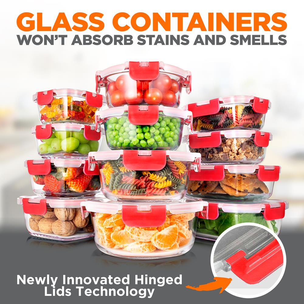 24-Piece Superior Glass Food Storage Containers Set - Stackable Design With Newly Innovated Hinged Bpa-Free Locking Lids (Red)