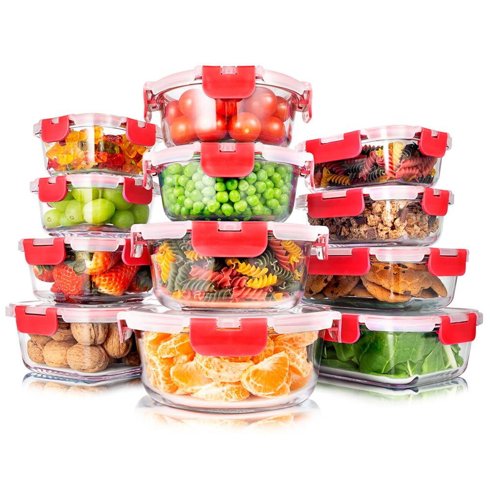 24-Piece Superior Glass Food Storage Containers Set - Stackable Design With Newly Innovated Hinged Bpa-Free Locking Lids (Red)