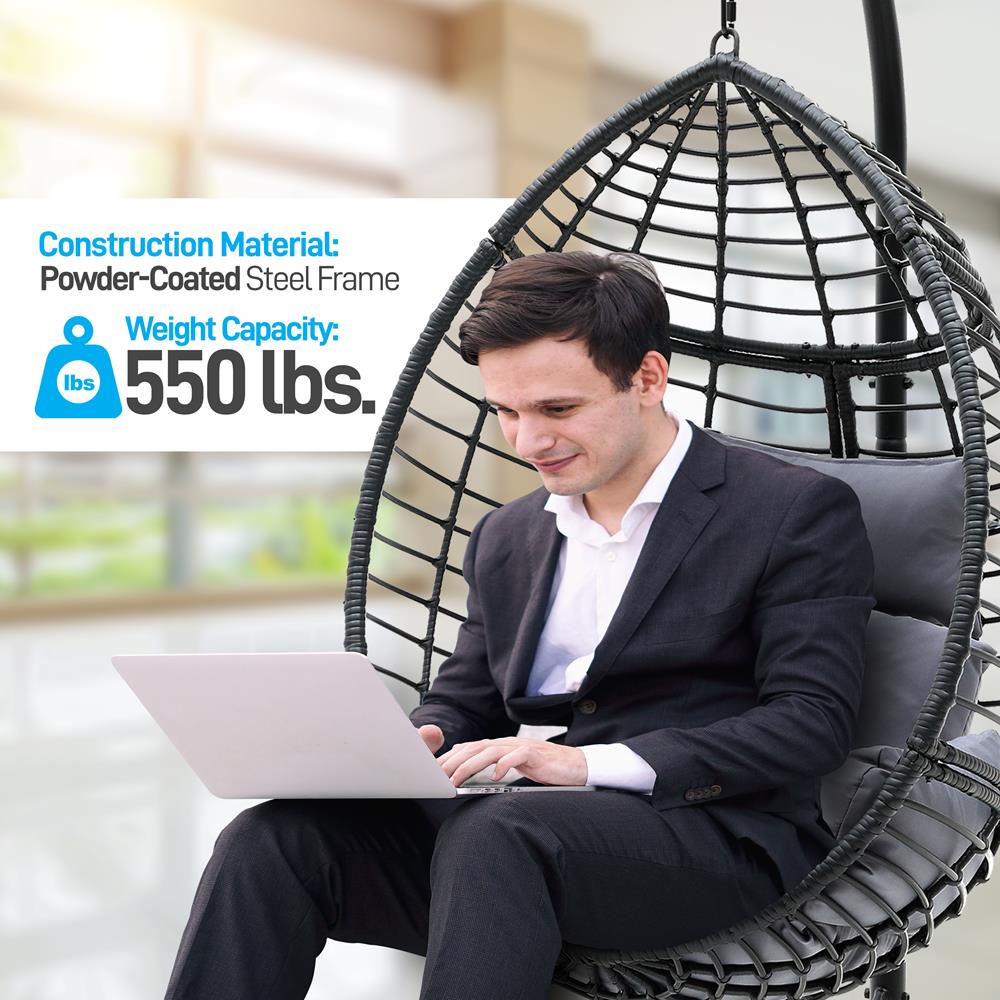 Hanging Egg Chair for Relaxation, Wicker Rattan, Powder-Coated Steel, Gray