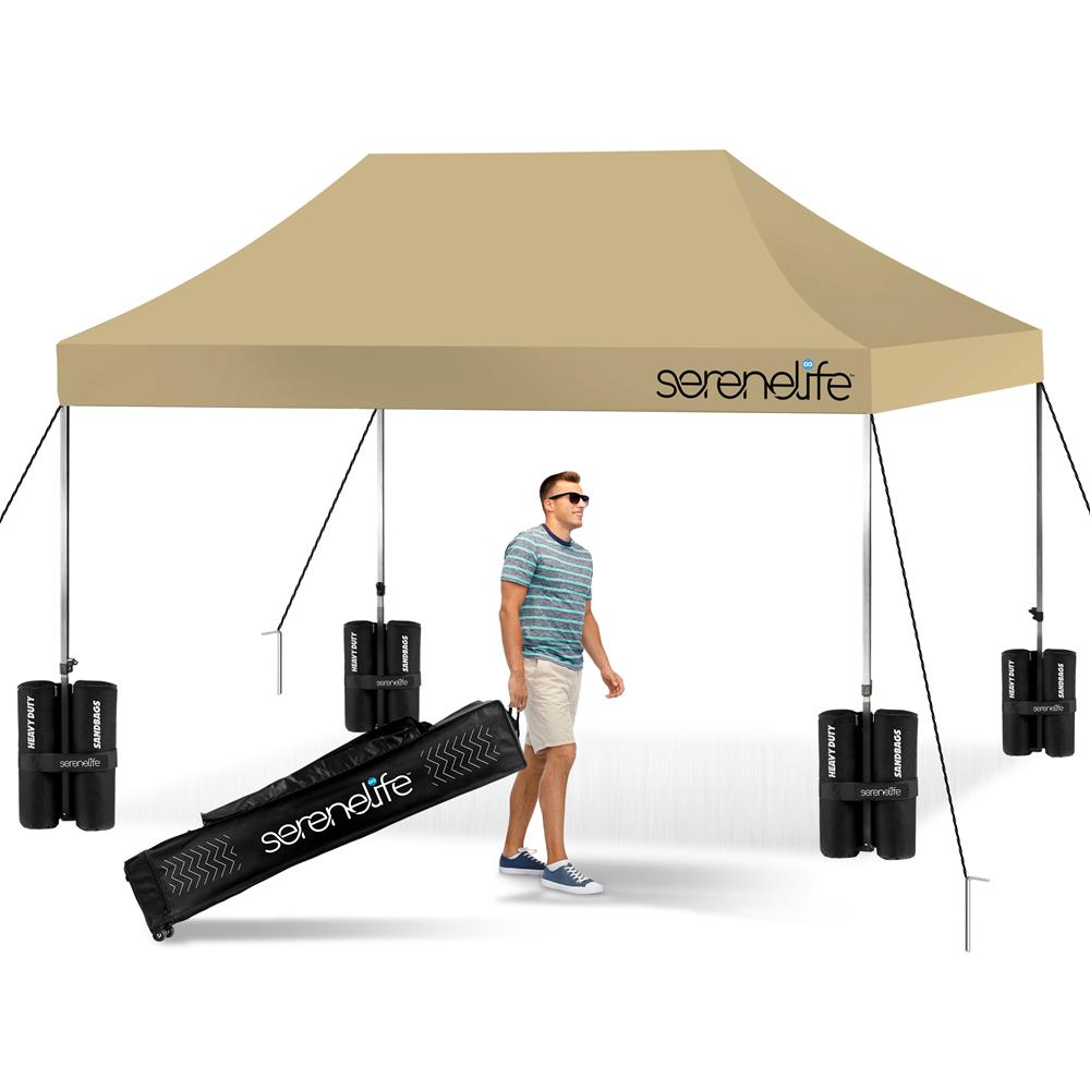 Pop Up Tent Commercial Instant Shelter - Waterproof Polyester Tent With Portable Wheeled Carry Bag And Sand Bag, 10 X 15 Ft. (Khaki)