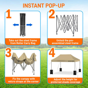 Pop Up Tent Commercial Instant Shelter - Waterproof Polyester Tent With Portable Wheeled Carry Bag And Sand Bag, 10 X 15 Ft. (Khaki)