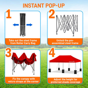 Pop Up Tent Commercial Instant Shelter - Waterproof Polyester Tent With Portable Wheeled Carry Bag And Sand Bag, 10 X 20 Ft. (Red)