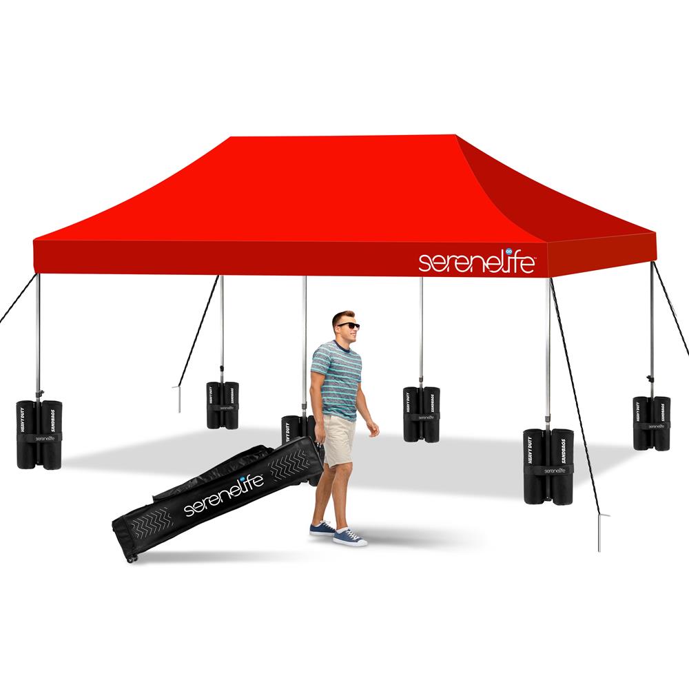 Pop Up Tent Commercial Instant Shelter - Waterproof Polyester Tent With Portable Wheeled Carry Bag And Sand Bag, 10 X 20 Ft. (Red)