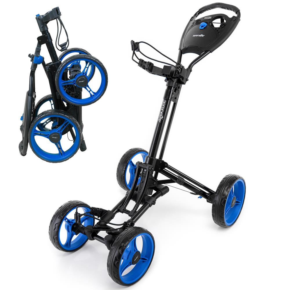 Foldable 4-Wheel Golf Push Cart - New Deluxe Ai Frame Trolley, Upper & Lower Brackets With Elastic Strap, Without Umbrella Holder