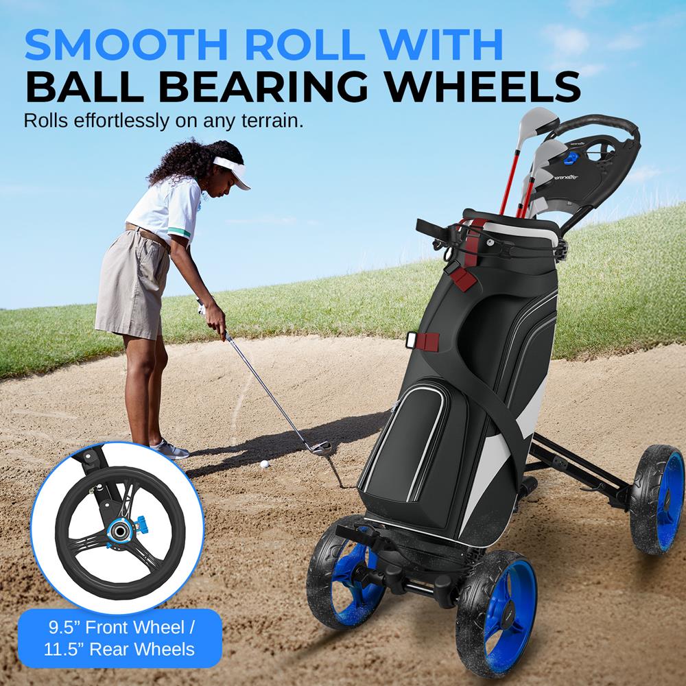Foldable 4-Wheel Golf Push Cart - New Deluxe Ai Frame Trolley, Upper & Lower Brackets With Elastic Strap, Without Umbrella Holder