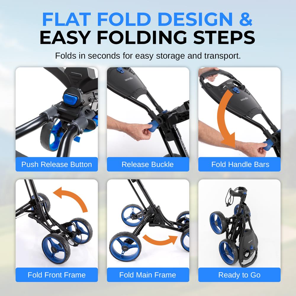 Foldable 4-Wheel Golf Push Cart - New Deluxe Ai Frame Trolley, Upper & Lower Brackets With Elastic Strap, Without Umbrella Holder