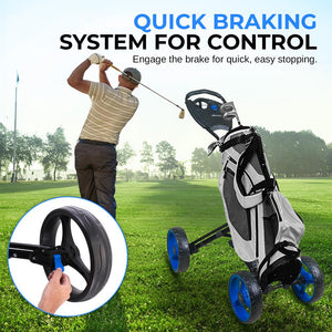 Foldable 4-Wheel Golf Push Cart - New Deluxe Ai Frame Trolley, Upper & Lower Brackets With Elastic Strap, Without Umbrella Holder