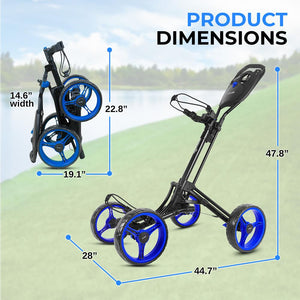Foldable 4-Wheel Golf Push Cart - New Deluxe Ai Frame Trolley, Upper & Lower Brackets With Elastic Strap, Without Umbrella Holder