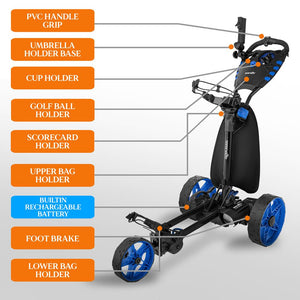 3-Wheel Electric Golf Cart - Foldable And Rechargeable Aluminum Frame T Zendo Electric Trolley, Includes Umbrella Holder And Storage Compartment